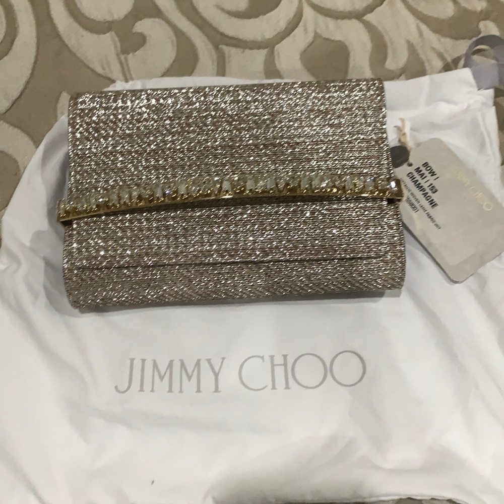LIKE NEW Jimmy Choo Silver Gold crystal  “Bow” clutch